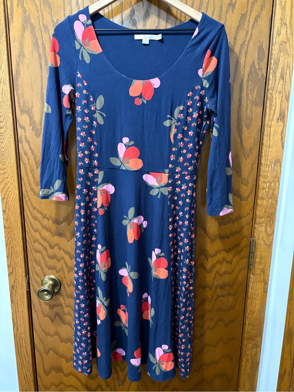 Boden Alannah Navy Floral Scoop Neck Midi Dress Jersey Knit 3/4 Sleeve 6 Regular